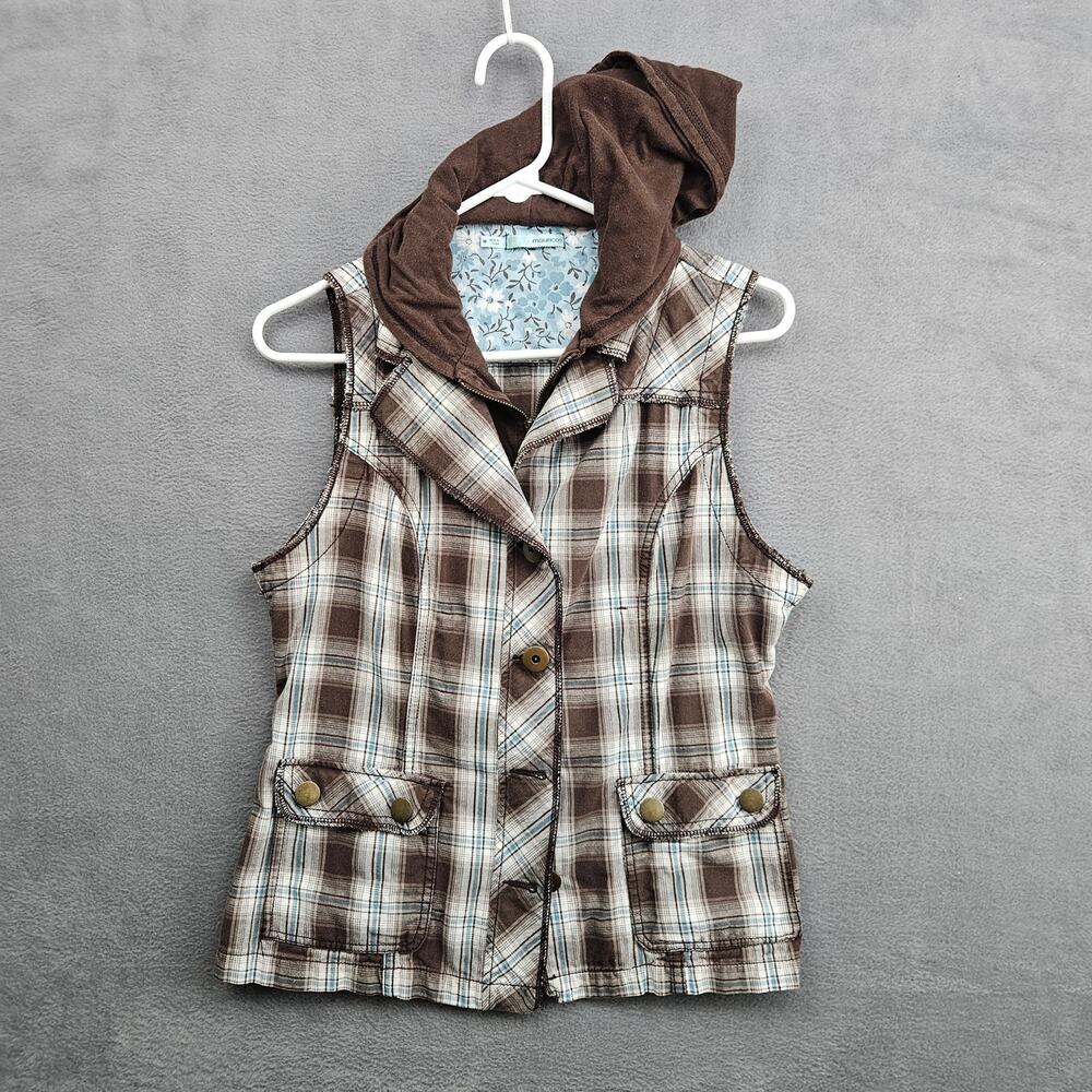 Maurice's Plaid Hooded Utility Vest Medium Brown Cotton Y2K Indie Layering